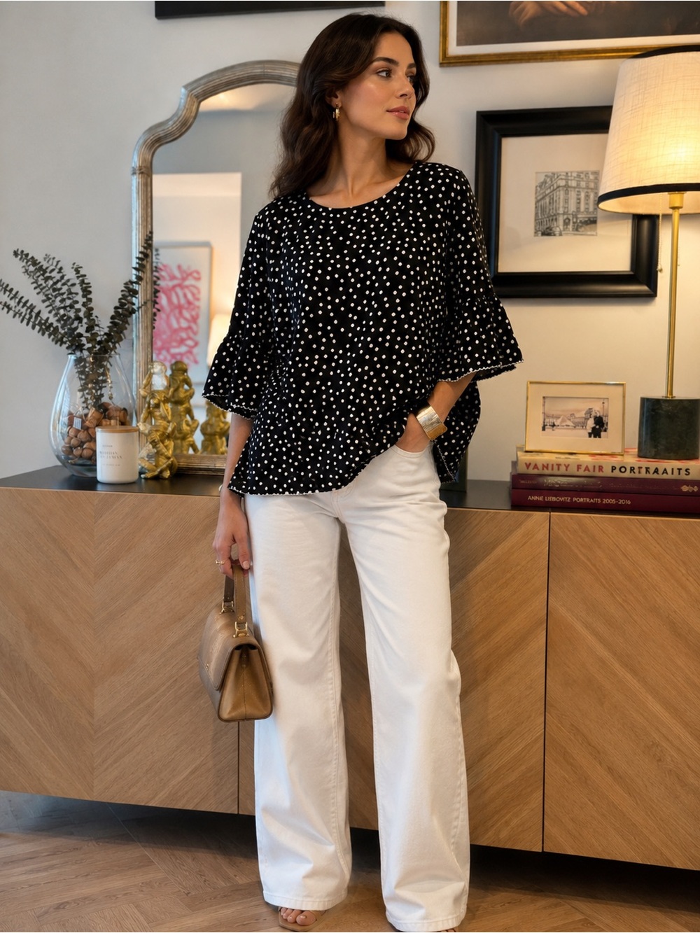 Black Polka Dot Blouse with Scalloped Trim
